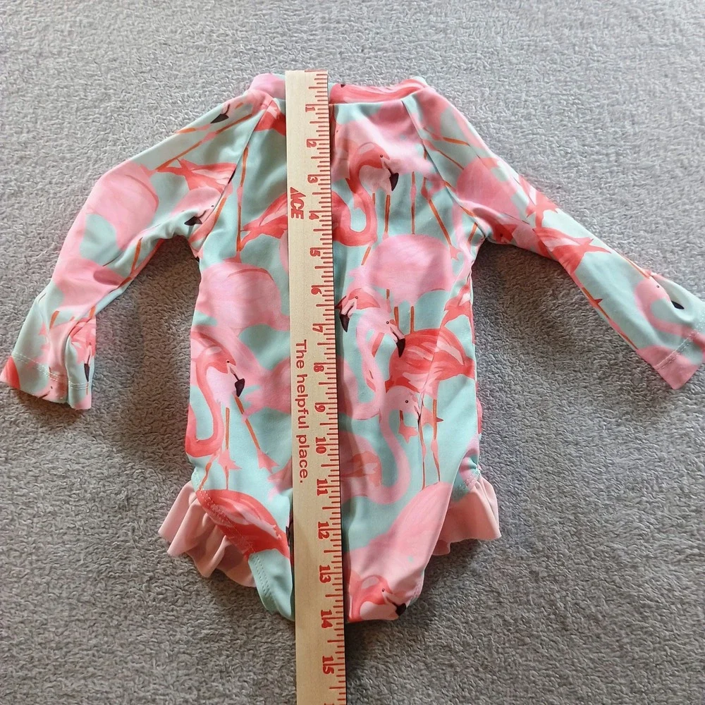 Unbranded‎ Girls Flamingo Print Rash Guard Pink 70 Ruffle Long Sleeve Swimsuit